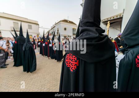 Arahal. Seville. Spain. 15th April, 2022. Penitents of the brotherhood of the Santo Entierro (Holy Burial), from Arahal (Seville), during the processi Stock Photo