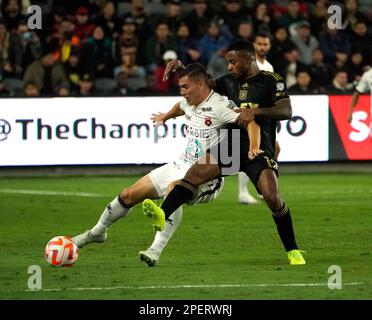March 15, 2023: Alajuelense midfielder Carlos Mora leans into LAFC defender Diego Palacios. Alajuelense 2:1 LAFC, 2023 CONCACAF Champions League round of 16, BOM Stadium, Los Angeles, CA, USA, March 15, 2023. (Credit Image: © Scott Mitchell/ZUMA Press Wire) EDITORIAL USAGE ONLY! Not for Commercial USAGE! Stock Photo