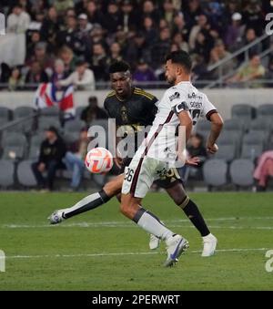March 15, 2023: LAFC midfielder Jose Cifuentes and Alajuelense Captain Giancarlo Gonzalez try to control the ball in the second half of the match. Alajuelense 2:1 LAFC, 2023 CONCACAF Champions League round of 16, BOM Stadium, Los Angeles, CA, USA, March 15, 2023. (Credit Image: © Scott Mitchell/ZUMA Press Wire) EDITORIAL USAGE ONLY! Not for Commercial USAGE! Stock Photo