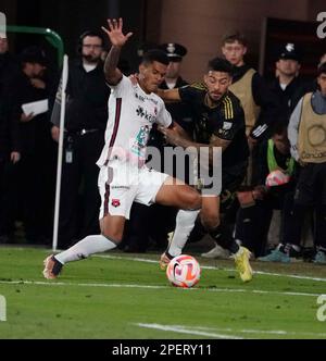 March 15, 2023: Denis Bouanga, LAFC forward and speed demon finds a way to gain control of the ball from behind a well positioned defender late in the match. Alajuelense 2:1 LAFC, 2023 CONCACAF Champions League round of 16, BOM Stadium, Los Angeles, CA, USA, March 15, 2023. (Credit Image: © Scott Mitchell/ZUMA Press Wire) EDITORIAL USAGE ONLY! Not for Commercial USAGE! Stock Photo