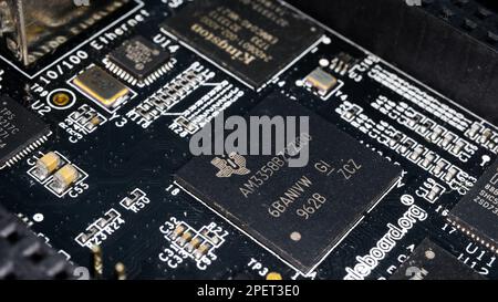 A Laptop motherboard closeup electronic components circuit board background Stock Photo