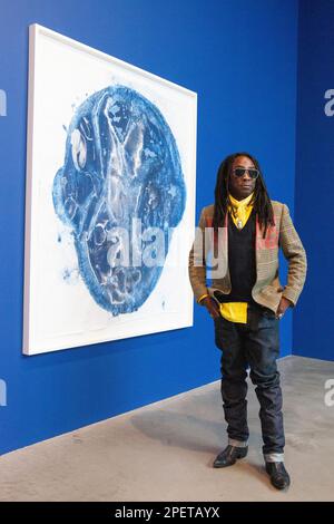 London, UK. 16th Mar, 2023. Artist Femi Dawkins with his work '(Unititled) Ghostly MRI (1), ' 2021-2, at Gagosian Gallery, Brittania Street. He is part of a group exhibition, Rites of Passage, by Peju Oshin exploring issues of migration, identity and belonging. Credit: Anna Watson/Alamy Live News Stock Photo