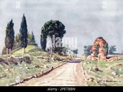 The Appian Way, Italy, 1920. By C. P. Carruthers. The Appian Way is one of the earliest and strategically most important Roman roads of the ancient republic. It connected Rome to Brindisi, in southeast Italy. Stock Photo