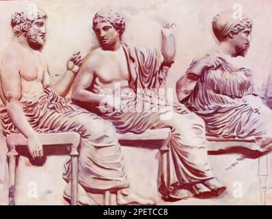 An illustration of a detail from the eastern frieze of the Parthenon, Greece. Showing from the left the gods Poseidon, Apollo or Dionysos and the goddess Peitho or Demeter. Stock Photo