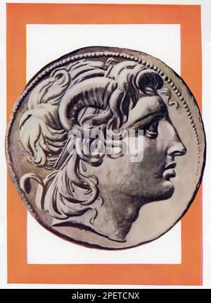 An illustration of the Silver Tetradrachm of Lysimachus, 305BC-281BC. The coin features the head of Alexander III of Macedonia (336-323 BC). Alexander III of Macedon commonly known as Alexander the Great, was a king of the ancient Greek kingdom of Macedon. Stock Photo