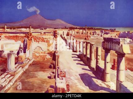 Street scene, Pompeii, Campania, Italy, 1920. By C. P. Carruthers. Pompeii  was an ancient city located in what is now the comune of Pompei near Naples, Campania, Italy. Pompeii, along with Herculaneum was buried under 4 to 6 m (13 to 20 ft) of volcanic ash and pumice during the eruption of Mount Vesuvius in 79 AD. Stock Photo