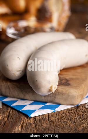 Two Bavarian White Sausages On Wood Stock Photo