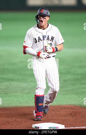 Japan's Lars Nootbaar celebrates after winning the World Baseball Classic  game against South Korea at Tokyo Dome in Bunkyo Ward, Tokyo on March 10,  2023. Japan beat South Korea 13-4. ( The