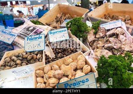 Saint-Maur-des-Fosses, France - October 8, 2022: Fresh Gillardeau oysters and clams for sale at street market at Parisian suburb. Stock Photo