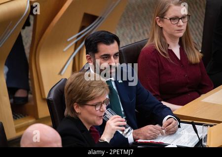 Edinburgh, Scotland, UK. 16th Mar, 2023. PICTURED: Humza Yousaf MSP, Scottish Health Minister and Candidate for SNP Leadership. First Ministers Questions in the chamber of The Scottish Parliament. Credit: Colin D Fisher/CDFIMAGES.COM Credit: Colin Fisher/Alamy Live News Stock Photo