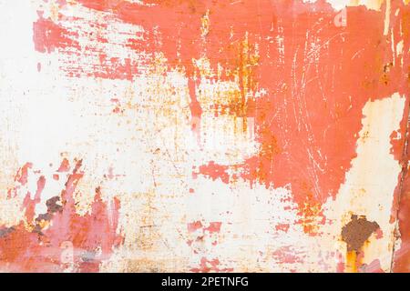 Red grainy rust texture on white metallic background with space for design. panoramic image of a metal wall with cracks, scratches and stained. Stock Photo