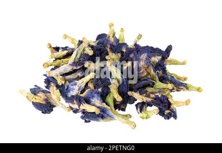 Butterfly pea flowers isolated on white background. Blue herbal tea. Clitoria Ternatea Stock Photo