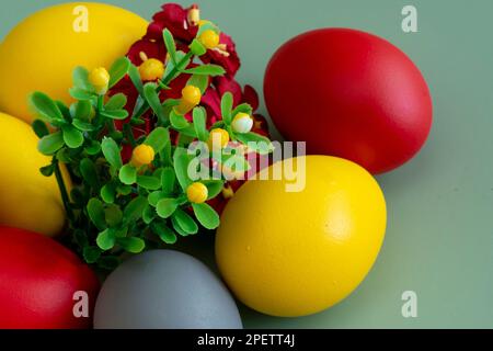 colorful eggs symbolize easter. Easter minimal concept. Creative Happy Easter, spring layout. Stock Photo