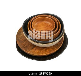 Empty Wood Bowls and Plates Isolated, Wooden Bowl, Black Plate Mockup on White Background Top View, Rustic Kitchen Mock Up with Copy Space, Clipping P Stock Photo