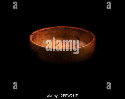 Empty Wood Bowl Isolated, Wooden Bowl on Black Background, Rustic Kitchen Mock Up Stock Photo