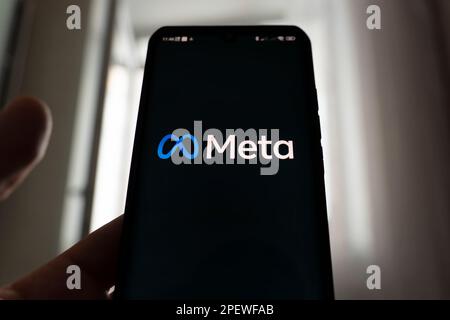 November 3, 2021. Barnaul, Russia: Meta logo is shown on a smartphone screen. Meta is the new corporate name of Facebook. Social media platform. Stock Photo
