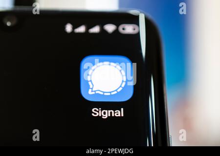 February 17, 2021, Barnaul, Russia: The signal app icon on your smartphone. Signal a new private messenger. Stock Photo