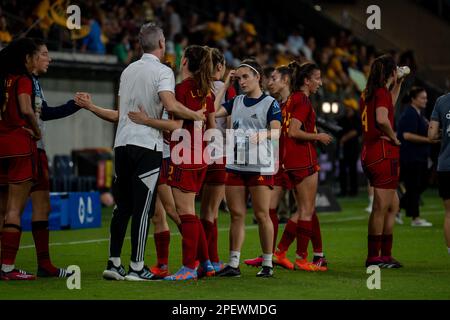 Sydney, Australia. 19th Feb, 2023. Sydney, New South Wales, February 19th 2023: Players shake hands after the Cup of Nations international game between Australia and Spain at CommBank Stadium in Sydney, Australia. (Noe Llamas/SPP) Credit: SPP Sport Press Photo. /Alamy Live News Stock Photo