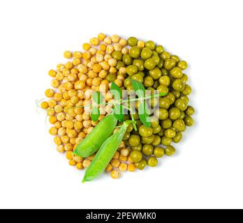 Dry Yellow and Green Peas Isolated, Whole Pea Pile, Raw Legume, Protein Source, Healthy Vegan Food, Dry Yellow Peas on White Background Stock Photo