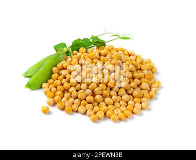 Dry Yellow and Fresh Green Peas Isolated, Whole Pea Pile, Raw Legume, Protein Source, Healthy Vegan Food, Dry Yellow Peas on White Background Stock Photo