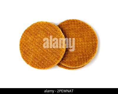 Dutch Waffles, Broken Stroopwafel Cookies, Caramel Waffle, Thin Toffee Biscuit, Dutch Waffles on White Background Stock Photo