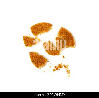 Dutch Waffles, Broken Stroopwafel Cookies, Caramel Waffle, Thin Toffee Biscuit, Dutch Waffles on White Background Stock Photo