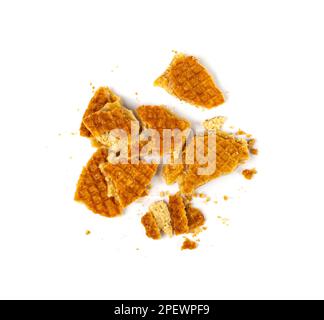 Dutch Waffles, Broken Stroopwafel Cookies, Caramel Waffle, Thin Toffee Biscuit, Dutch Waffles on White Background Stock Photo