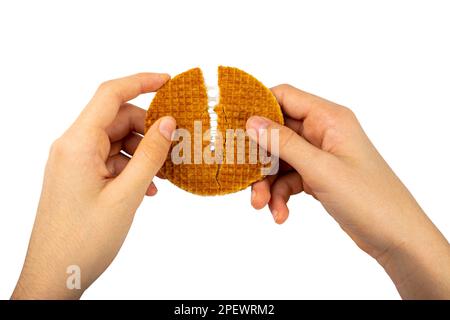 Dutch Waffles, Broken Stroopwafel Cookies, Caramel Waffle, Thin Toffee Biscuit, Dutch Waffles on White Background, Clipping Path Stock Photo