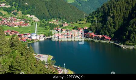 Turkey's famous tourist mountain lake. Long lake (Uzungöl) view from the top of the view in the morning light. Trabzon,Turkey Stock Photo