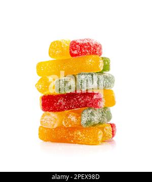 Round Gummy Candy Pile Isolated, Chewing Colorful Marmalade Sticks, Jelly French Fries Heap, Gelatin Candies on White Background Side View Stock Photo