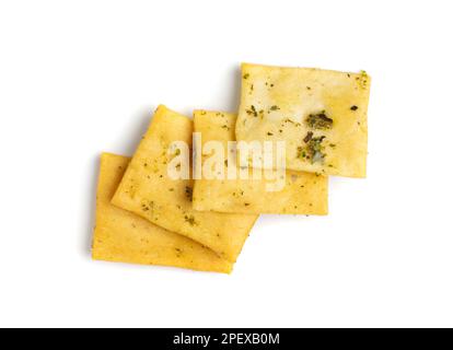 Pita Chips Pile Isolated, Small Wheat Tortillas, Crunchy Flat Bread with Herbs and Spices, Spicy Mediterranean Wheat Snack, Pita Chips on White Backgr Stock Photo