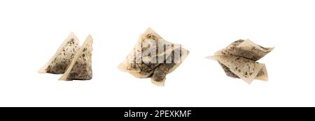 Used Teabag Isolated, Old Wet Herbal Tea Bag, Biodegradable Garbage, Eco Bio Used St. Johns Wort Teabag on White Background Stock Photo