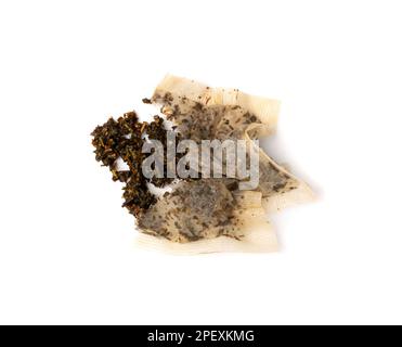Used Teabag Isolated, Old Wet Herbal Tea Bag, Biodegradable Garbage, Eco Bio Used St. Johns Wort Teabag on White Background Stock Photo