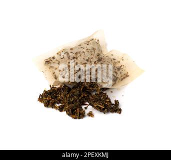 Used Teabag Isolated, Old Wet Herbal Tea Bag, Biodegradable Garbage, Eco Bio Used St. Johns Wort Teabag on White Background Stock Photo