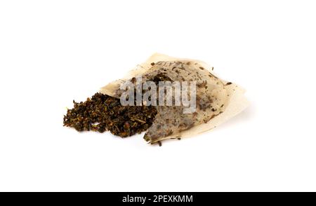 Used Teabag Isolated, Old Wet Herbal Tea Bag, Biodegradable Garbage, Eco Bio Used St. Johns Wort Teabag on White Background Stock Photo