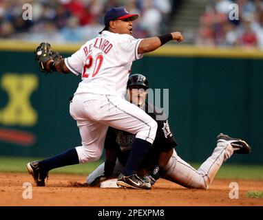 The Cleveland Indians Ben Broussard (C) hit a three run home run to deep  left center in the third inning scoring Victor Martinez (R) and Ronnie  Belliard (L) off of the Baltimore