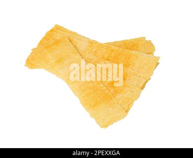 Long Potato Chips Isolated. Crispy Thin Potato Snack Pile, Rectangular Strips Chips, Fast Food Snacks on White Background, Clipping Path Stock Photo