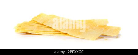 Long Potato Chips Isolated. Crispy Thin Potato Snack Pile, Rectangular Strips Chips, Fast Food Snacks on White Background Stock Photo