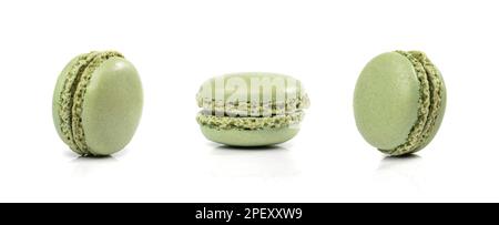 Green Macaron Cake Isolated, Macaroon Cookie, Almond Meringue, Sweet Macaroons, Colorful French Dessert on White Background Stock Photo