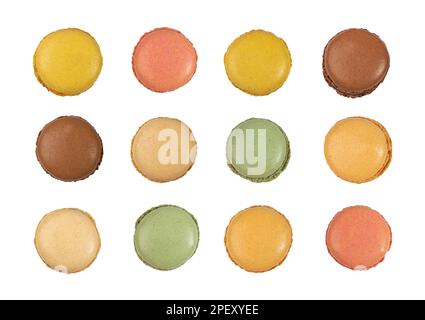 Macaron Cake Set Isolated, Macaroon Cookie, Almond Meringue, Sweet Macaroons, Colorful French Dessert on White Background Stock Photo