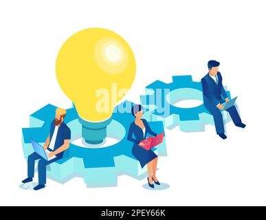 Vector of a group of people working on laptops generating and share innovative ideas Stock Vector