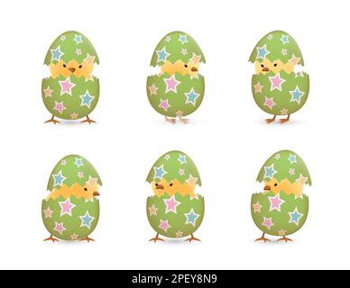 Chicks in broken Easter eggs with stars set Stock Vector