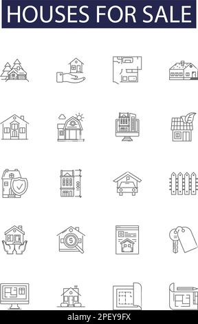 Houses for sale line vector icons and signs. Houses, Buy, Sale, Real-Estate, Property, Realty, Residences, Manor outline vector illustration set Stock Vector