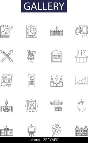 Gallery line vector icons and signs. Picture, Photograph, Museum, Exhibit, Hall, Room, Collection, Archive outline vector illustration set Stock Vector