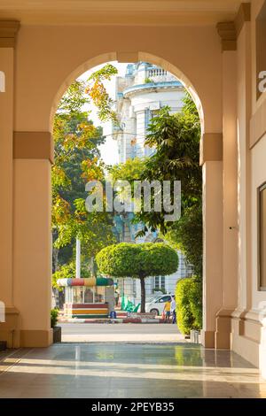 Yangon, Myanmar - Dec 19, 2019: Elegant gallery and corridor on Strand Rd, of the popular The Heritage Hotel, Yangon, Burma, Myanmar Stock Photo