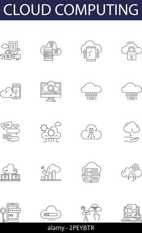 Cloud computing line vector icons and signs. Computing, Storage, Services, Networking, Platform, Security, Solutions, Deployment outline vector Stock Vector