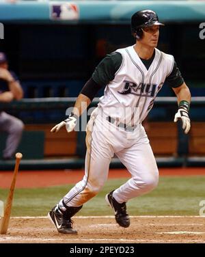 Tampa By Devil Rays' Tino Martinez heads to first base after hitting a  single to drive in the game-winning run off Cleveland Indians pitcher David  Riske in the 10th inning Sunday afternoon, May 23, 2004, at Tropican Field  in St. Petersburg, Fla. The De