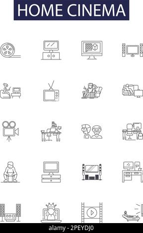 Home cinema line vector icons and signs. Surround, Theater, Sound, Speakers, Receiver, Film, Room, Streaming outline vector illustration set Stock Vector