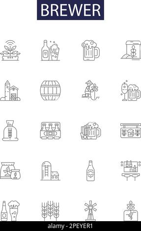 Brewer line vector icons and signs. brewer, industry, factory, brewery, drink, production, alcohol,male outline vector illustration set Stock Vector