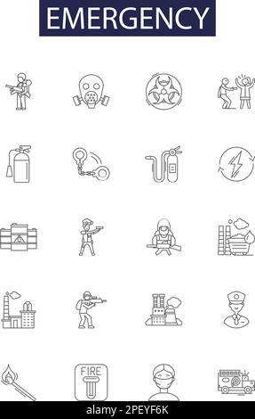 Emergency line vector icons and signs. Rush, Urgency, Crisis, Acute, Exigency, Alarm, Alert, Panic outline vector illustration set Stock Vector